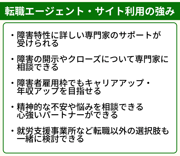 障害者向け転職エージェント・サイト利用の強みのイラスト